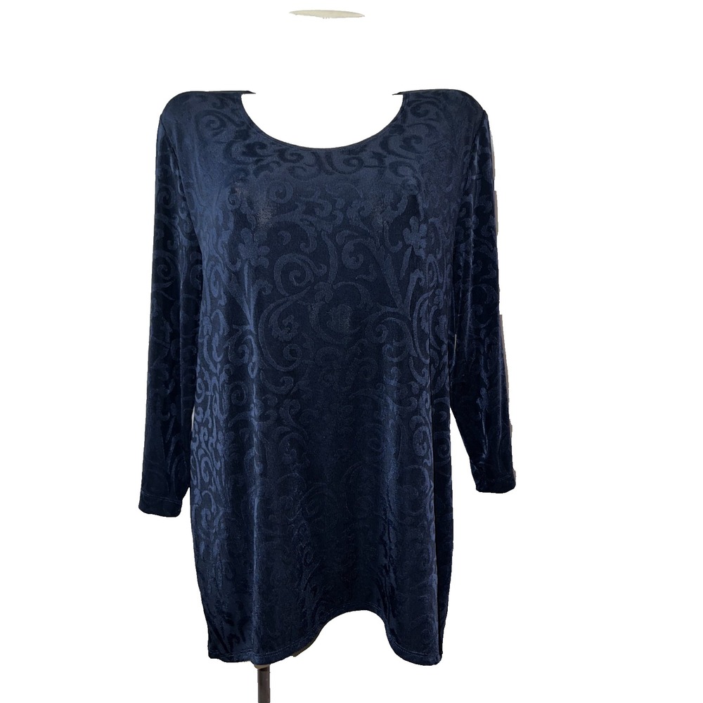 Chico's travelers Womens Navy Blue Burnout Damask Scroll Tunic Top LS Sz XL (3)